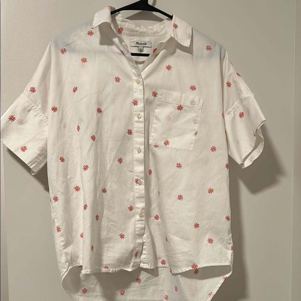 Madewell Embroidered Daisy Courier Button Down White Pink Shirt Size Small